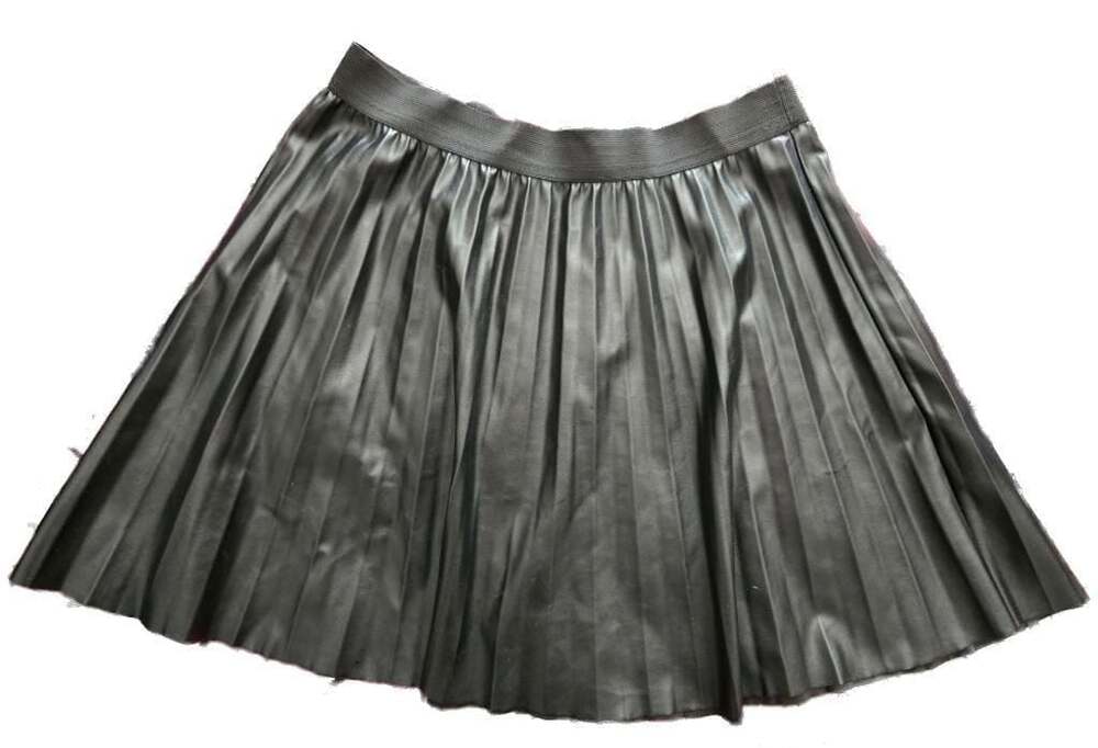 Shinestar Black Faux Leather Pleated Elastic High Waist A-Line Midi Skirt